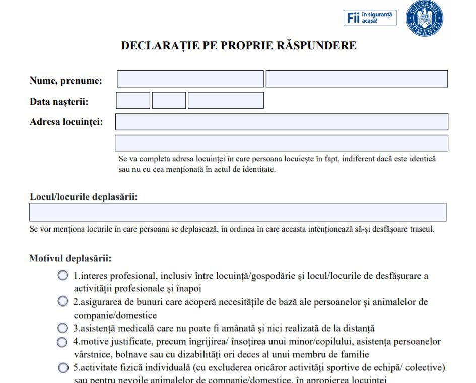 Snapshot of travel declaration during Covid-19, Government of Romania, 2020.