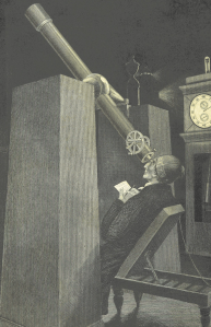 A black and white print of a man looking through a telescope