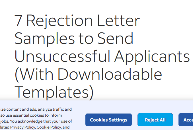 a screenshot of a webpage, black writing on white background reads 7 rejection letter samples to send unsuccessful applicants (with downloadable templates). below that is the cookings settings bar, with the reject all button in bright blue